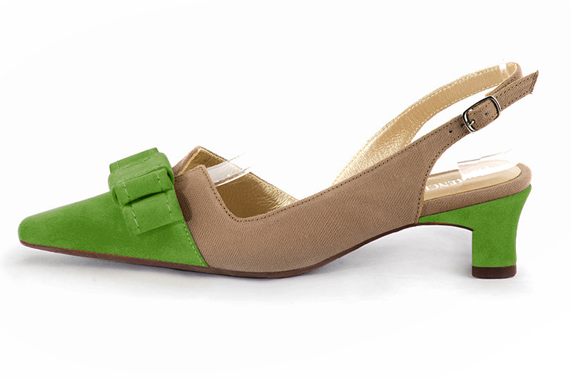 Grass green and tan beige women's open back shoes, with a knot. Tapered toe. Low kitten heels. Profile view - Florence KOOIJMAN